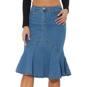 Denim Jean Skirt High Waist Bodycon Ruffles Fishtail Skirts Sky Blue